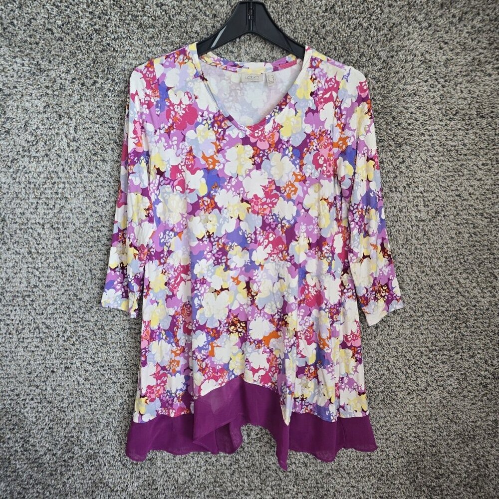 LOGO Lori Goldstein Top Womens XS Purple Floral Print Tunic Stretch Casual